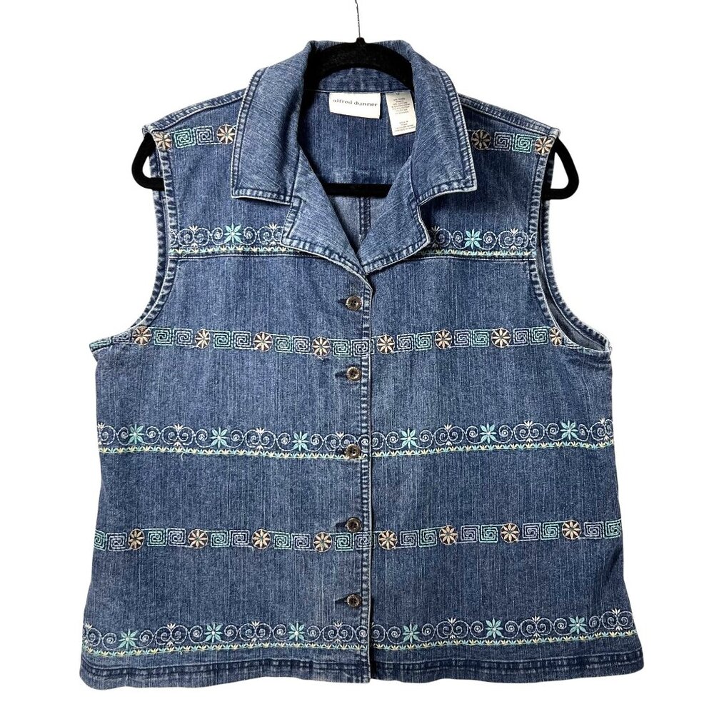 Alfred Dunner Womens Embroidered Denim Vest Size 12 Button Front Sleeveless